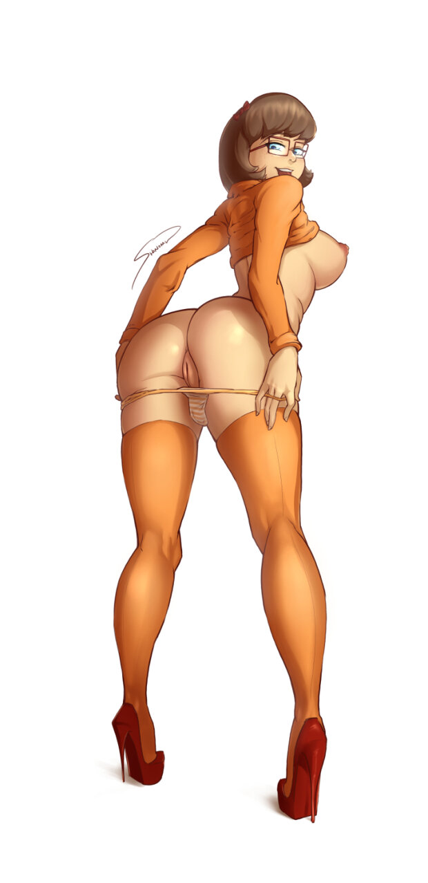 anus ass blue_eyes bow breasts dat_ass female glasses hairbow hanna_barbera high_heels large_breasts long_legs looking_back open_mouth orange_legwear panties panties_down scooby-doo shonomi short_hair sideboob simple_background smile solo solo_female stan